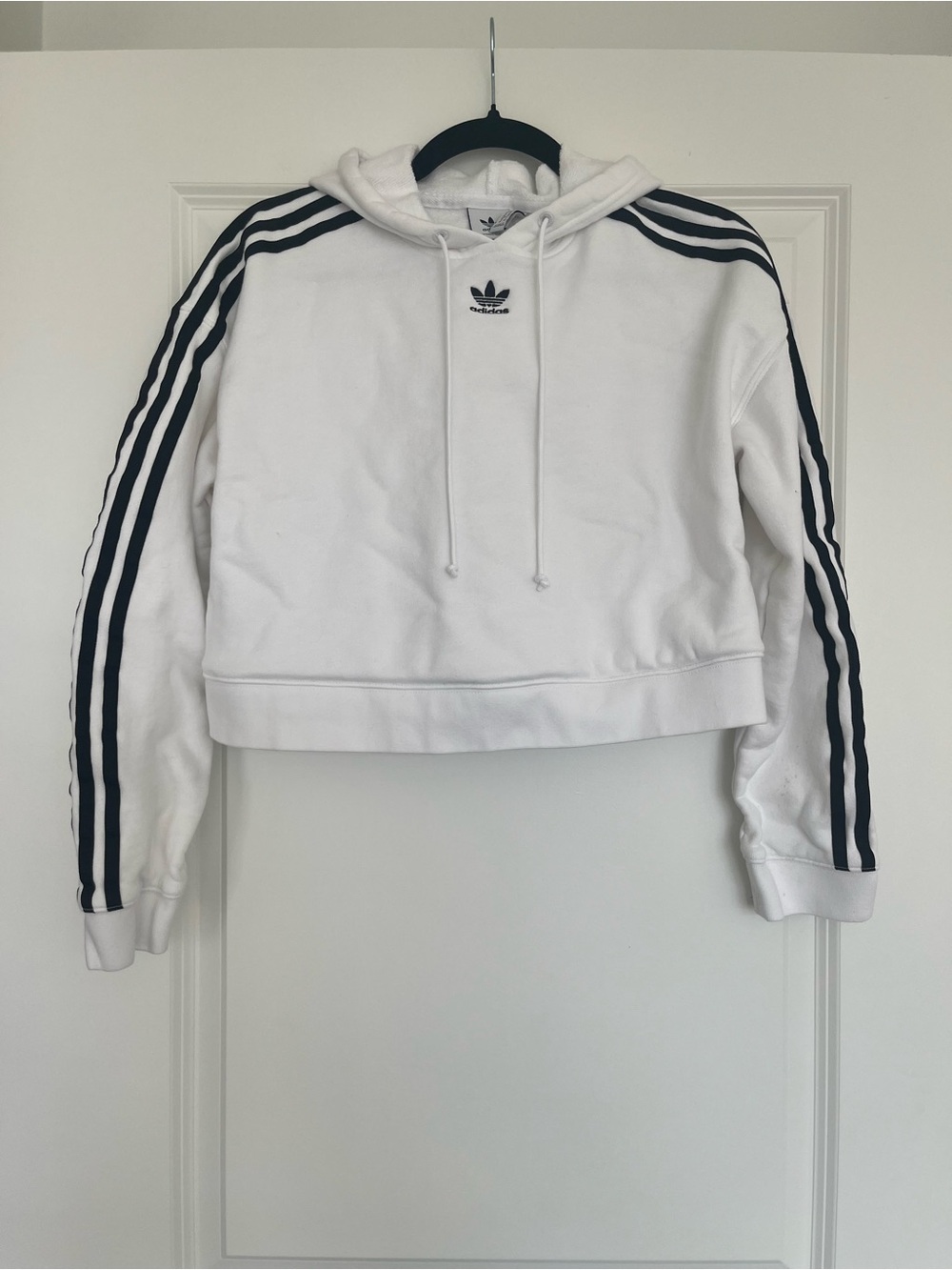 adidas White Cropped Hoodie with Black Three-Stripes Detail